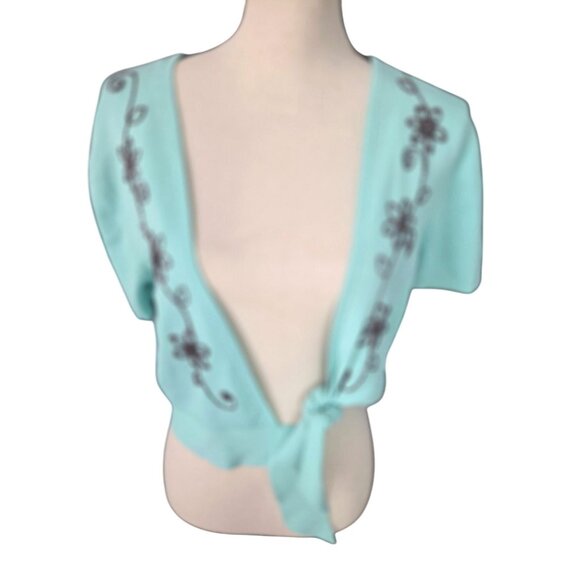 Studio I Aqua Tie-Front Cardigan*Floral Embroidery Short Sleeves*NWT* Size 12 - Picture 3 of 5